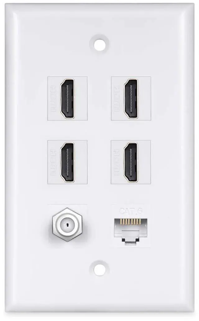 Main image of HDMI Wall Plate 4Port, 1 Cat6 Ethernet, 1 Coax Cable TV F Type Port | HDMI 2.0 Coupler Insert Wallplate, Decorative Female to Female Faceplate, White