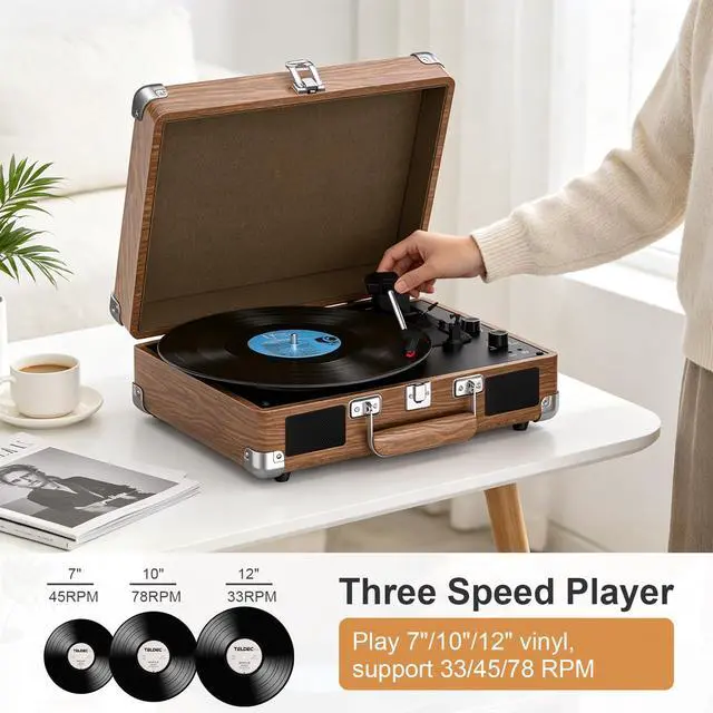 Alt view image 4 of 4 - Record Player with Built-in Speakers, Vintage Bluetooth Turntable 3 Speed Suitcase Vinyl Record Player with Bluetooth Input, Bass & Treble Control, Auto Stop, AUX in, RCA Out, Headphone Jack Rosewood