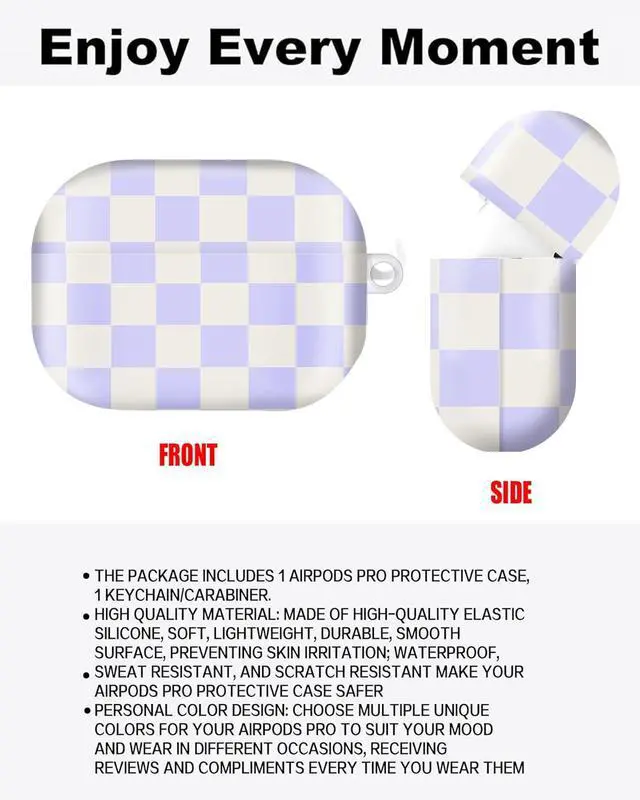 Alt view image 2 of 6 - Compatible with AirPod Pro Case 2nd/1st Gen (2023/2022/2019),Shockproof Protective Cover with Keychain for Women,Cute Charging Case for Airpod Pro 2/1(Purple Checkered)