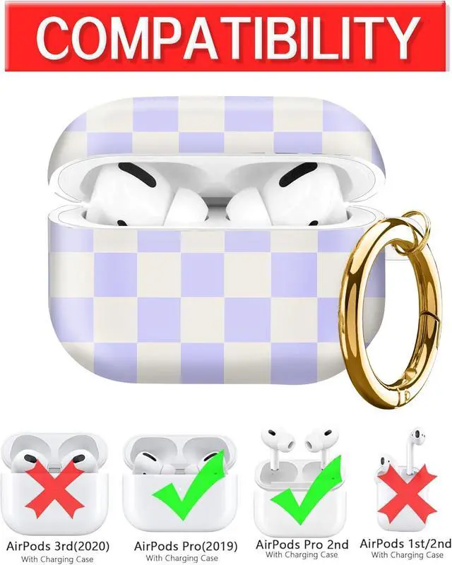 Alt view image 3 of 6 - Compatible with AirPod Pro Case 2nd/1st Gen (2023/2022/2019),Shockproof Protective Cover with Keychain for Women,Cute Charging Case for Airpod Pro 2/1(Purple Checkered)