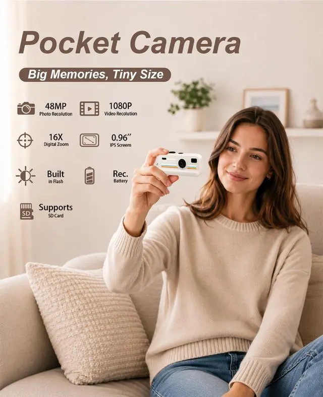 Alt view image 2 of 6 - Mini Retro Digital Camera 2K HD 16X Zoom LED Fill Light | Keychain Camera Retro Filters Portable Pocket Camera for Boys Girls and Teens