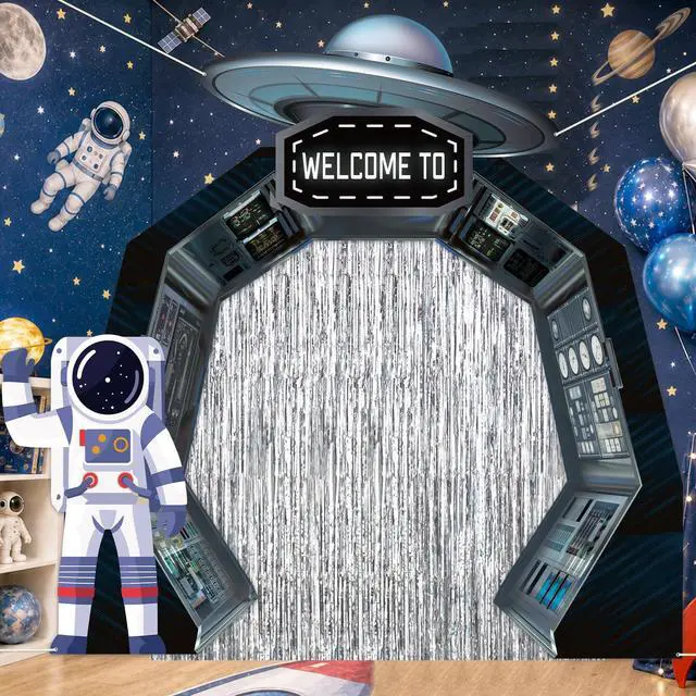 Alt view image 4 of 7 - Outer Space Birthday Party Decorations Astronaut Hanging Porch Banner Backdrop Planet Door Covers Spaceship Silver Foil Fringe Backdrop for Galaxy Solar System Boys Room Classroom Supplies Favors