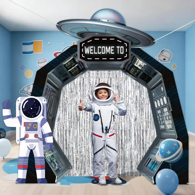 Alt view image 5 of 7 - Outer Space Birthday Party Decorations Astronaut Hanging Porch Banner Backdrop Planet Door Covers Spaceship Silver Foil Fringe Backdrop for Galaxy Solar System Boys Room Classroom Supplies Favors