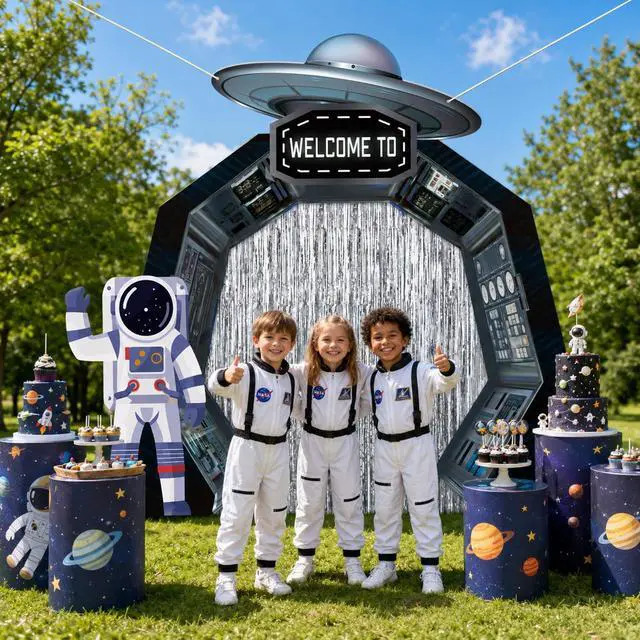 Alt view image 6 of 7 - Outer Space Birthday Party Decorations Astronaut Hanging Porch Banner Backdrop Planet Door Covers Spaceship Silver Foil Fringe Backdrop for Galaxy Solar System Boys Room Classroom Supplies Favors