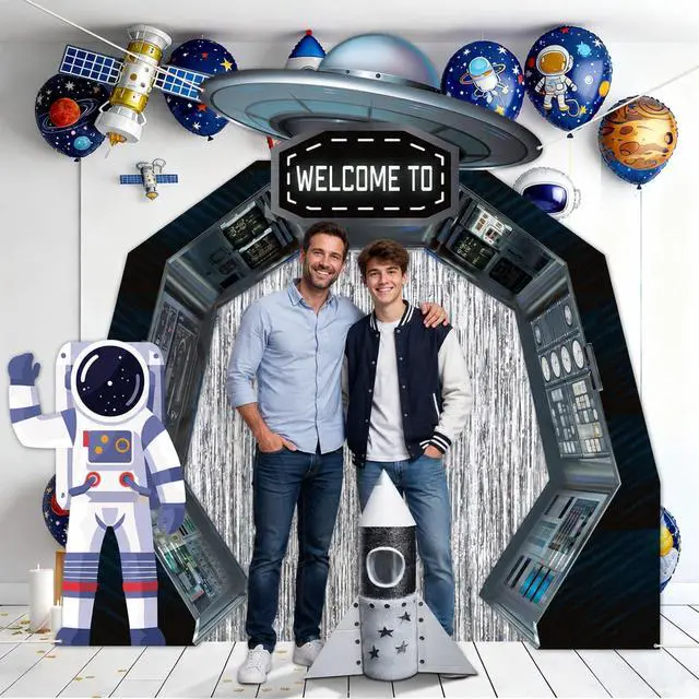 Alt view image 7 of 7 - Outer Space Birthday Party Decorations Astronaut Hanging Porch Banner Backdrop Planet Door Covers Spaceship Silver Foil Fringe Backdrop for Galaxy Solar System Boys Room Classroom Supplies Favors