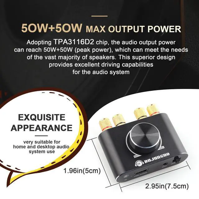 Alt view image 3 of 6 - X50H Bluetooth Amplifier 50W+50W Power Output with Remote Control, 2.0 Stereo Bluetooth Amplifier, Using TPA3116D2 HiFi Chip, (Includes a 19V4.74A DC Power Adapter)