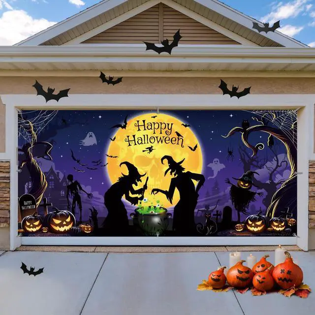 Alt view image 2 of 5 - Large Halloween Garage Door Decorations 6 x 13 ft, Horror Scary Sukll Garage Door Cover Banner Witches Pumpkins Bats Background Party Supplies for Home Outdoor Wall Door