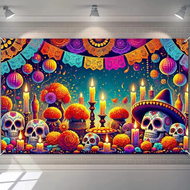 Main image of Dia de Los Muertos Banner 71x43 in Papel Picado Decor | Sugar Skull Fiesta Banner, Day of the Dead Background for Photos, Wall, Papel Picado Marigold Flowers Theme