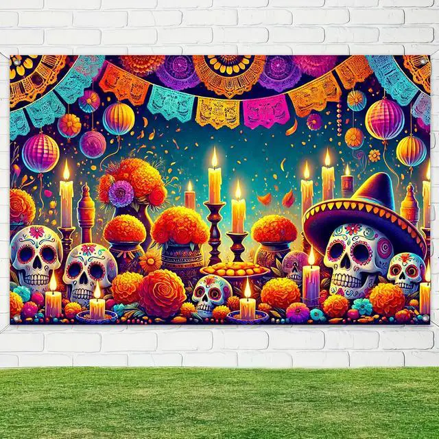 Alt view image 4 of 6 - Dia de Los Muertos Banner 71x43 in Papel Picado Decor | Sugar Skull Fiesta Banner, Day of the Dead Background for Photos, Wall, Papel Picado Marigold Flowers Theme