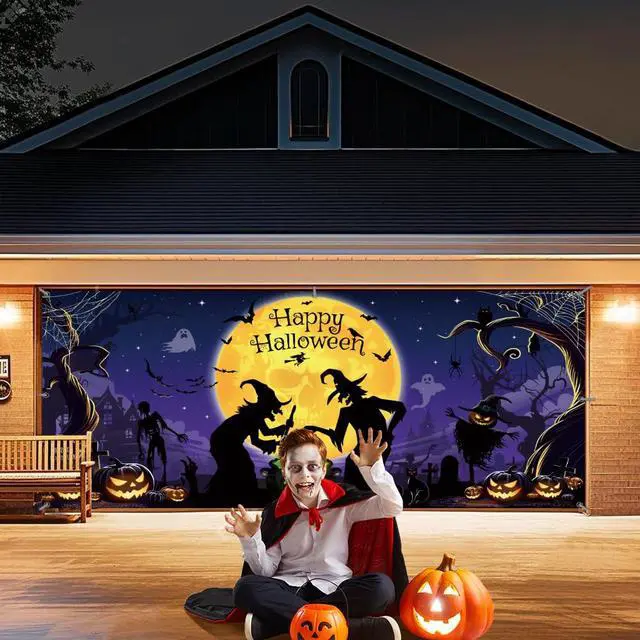 Alt view image 4 of 5 - Large Halloween Garage Door Decorations 6 x 13 ft, Horror Scary Sukll Garage Door Cover Banner Witches Pumpkins Bats Background Party Supplies for Home Outdoor Wall Door