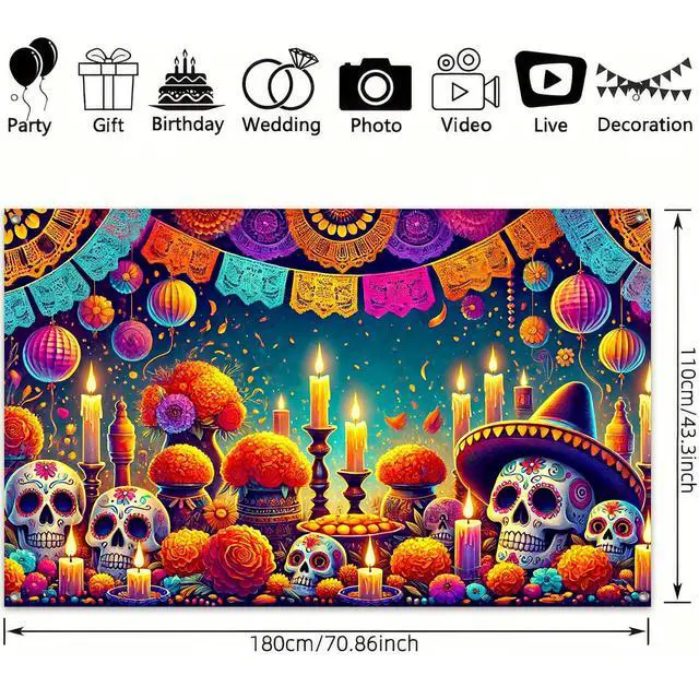 Alt view image 3 of 6 - Dia de Los Muertos Banner 71x43 in Papel Picado Decor | Sugar Skull Fiesta Banner, Day of the Dead Background for Photos, Wall, Papel Picado Marigold Flowers Theme