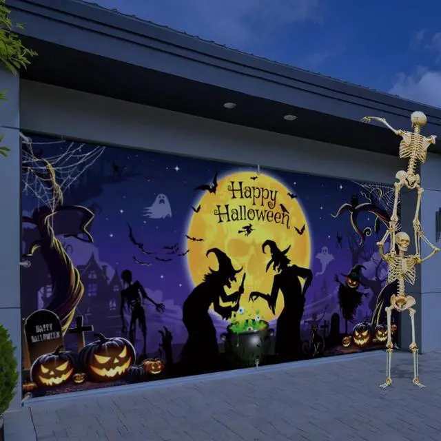 Alt view image 3 of 5 - Large Halloween Garage Door Decorations 6 x 13 ft, Horror Scary Sukll Garage Door Cover Banner Witches Pumpkins Bats Background Party Supplies for Home Outdoor Wall Door