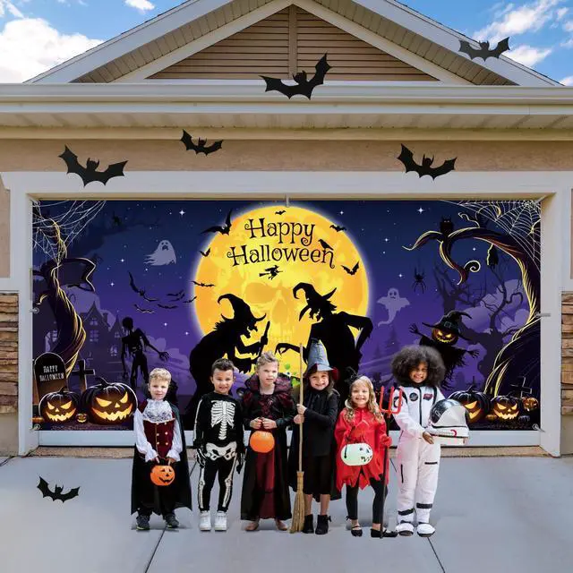 Alt view image 5 of 5 - Large Halloween Garage Door Decorations 6 x 13 ft, Horror Scary Sukll Garage Door Cover Banner Witches Pumpkins Bats Background Party Supplies for Home Outdoor Wall Door