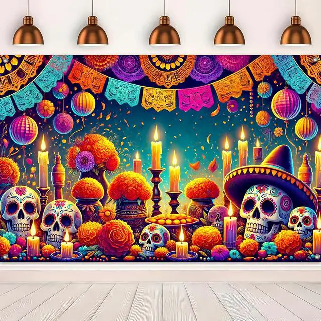 Alt view image 5 of 6 - Dia de Los Muertos Banner 71x43 in Papel Picado Decor | Sugar Skull Fiesta Banner, Day of the Dead Background for Photos, Wall, Papel Picado Marigold Flowers Theme