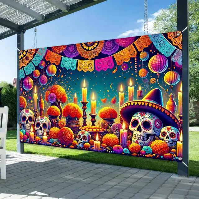 Alt view image 2 of 6 - Dia de Los Muertos Banner 71x43 in Papel Picado Decor | Sugar Skull Fiesta Banner, Day of the Dead Background for Photos, Wall, Papel Picado Marigold Flowers Theme