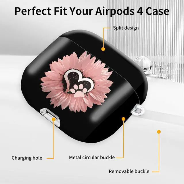 Alt view image 6 of 6 - Case Compatible with AirPod 4 2024, Soft Full Protective Cover with Keychain for Women,Cute AirPod 4 Case Accessories for 4th Generation Charging 2024(Sunflower Pink Flowers Dog paw)