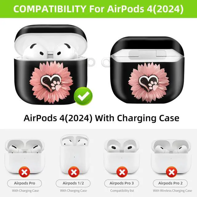 Alt view image 4 of 6 - Case Compatible with AirPod 4 2024, Soft Full Protective Cover with Keychain for Women,Cute AirPod 4 Case Accessories for 4th Generation Charging 2024(Sunflower Pink Flowers Dog paw)