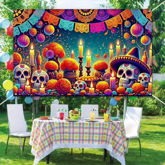 Alt view image 6 of 6 - Dia de Los Muertos Banner 71x43 in Papel Picado Decor | Sugar Skull Fiesta Banner, Day of the Dead Background for Photos, Wall, Papel Picado Marigold Flowers Theme