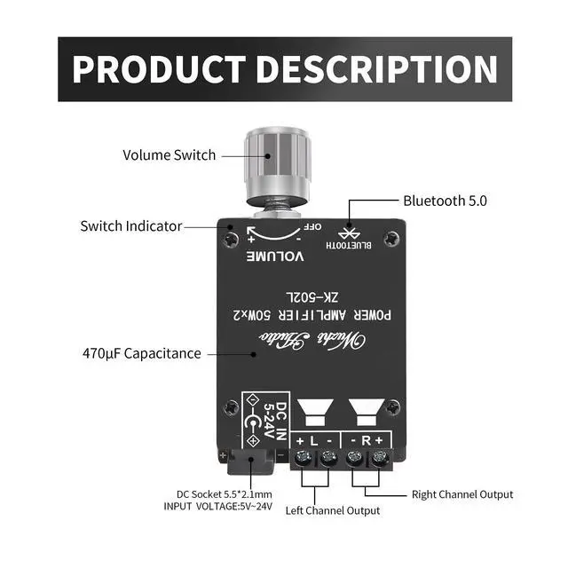 Alt view image 2 of 6 - Wuzhi Audio ZK-502L Power Amplifier Board Class D AMP Module for DIY Wireless Speaker (ZK-502L)
