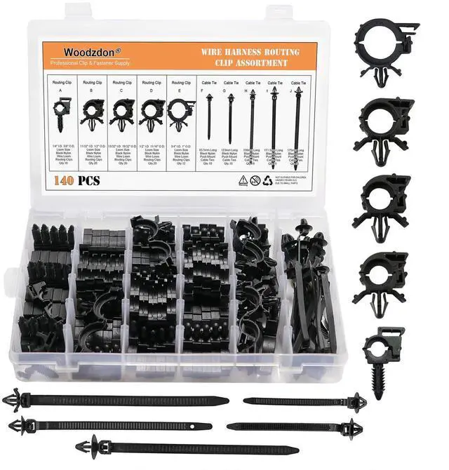 Main image of 140 Pcs Car Wire Loom Routing Clip Push Mount Cable Tie Assortment Heavy Duty Nylon 10 Different Size Automotive Wiring Harness Self Locking Zip Ties Strap Convoluted Conduit Universal Fit
