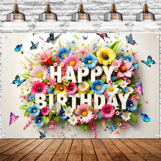 Main image of Floral Butterfly Happy Birthday Banner Background with Vibrant Colors, Spring Garden Party Decor, Photography Backdrop for Kids Celebration, Baby Shower 72x43 Inch