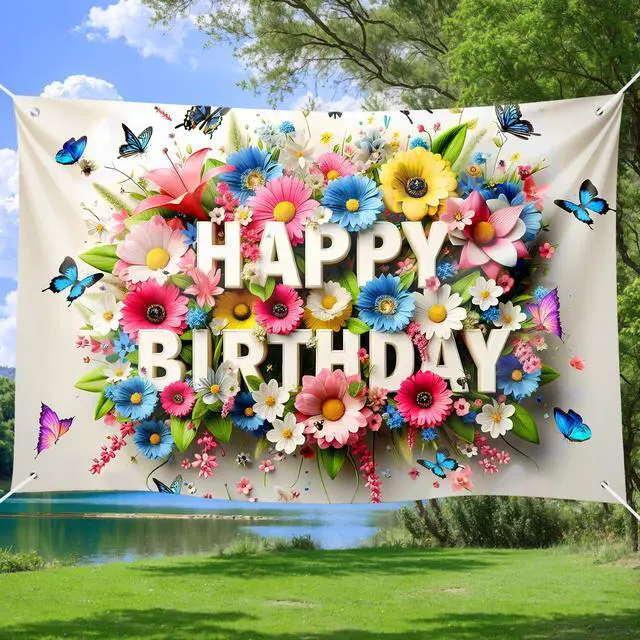 Alt view image 4 of 6 - Floral Butterfly Happy Birthday Banner Background with Vibrant Colors, Spring Garden Party Decor, Photography Backdrop for Kids Celebration, Baby Shower 72x43 Inch