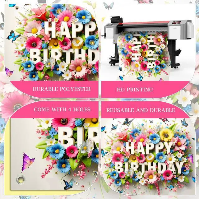 Alt view image 5 of 6 - Floral Butterfly Happy Birthday Banner Background with Vibrant Colors, Spring Garden Party Decor, Photography Backdrop for Kids Celebration, Baby Shower 72x43 Inch