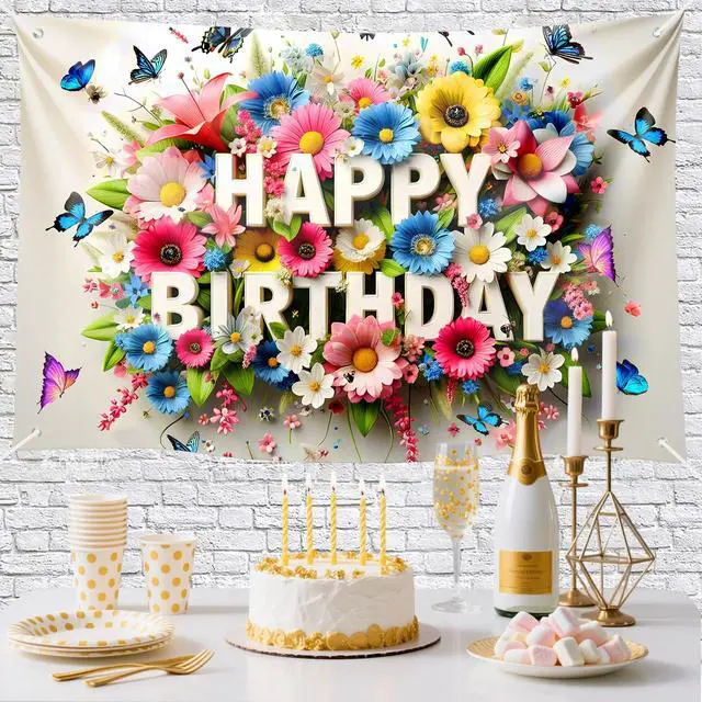 Alt view image 2 of 6 - Floral Butterfly Happy Birthday Banner Background with Vibrant Colors, Spring Garden Party Decor, Photography Backdrop for Kids Celebration, Baby Shower 72x43 Inch
