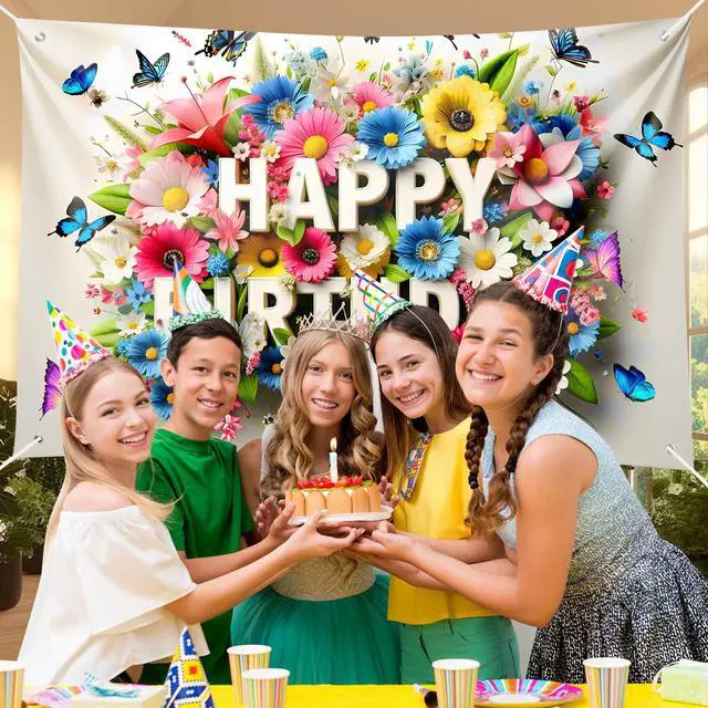 Alt view image 3 of 6 - Floral Butterfly Happy Birthday Banner Background with Vibrant Colors, Spring Garden Party Decor, Photography Backdrop for Kids Celebration, Baby Shower 72x43 Inch
