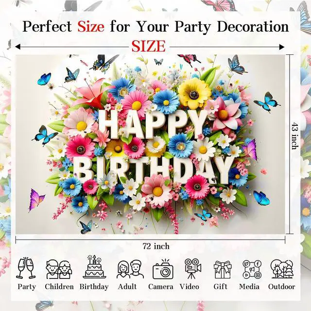 Alt view image 6 of 6 - Floral Butterfly Happy Birthday Banner Background with Vibrant Colors, Spring Garden Party Decor, Photography Backdrop for Kids Celebration, Baby Shower 72x43 Inch