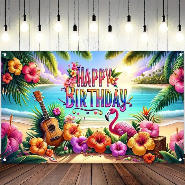 Main image of Hawaiian Birthday Banner 71x43 Inch Luau Party Decorations | Hawaiian Party Decorations Tropical Backdrop Summer Backdrop for Pool Party Backyard Summer Beach Outdoor Photo Booth