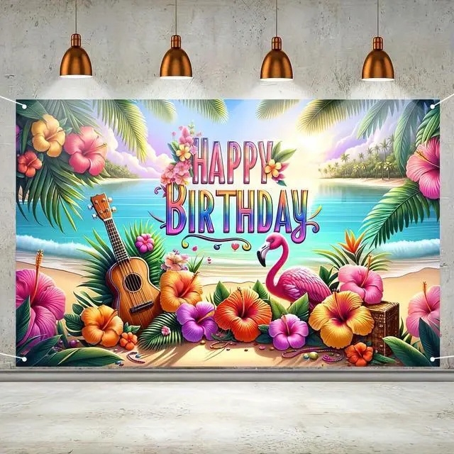 Alt view image 2 of 5 - Hawaiian Birthday Banner 71x43 Inch Luau Party Decorations | Hawaiian Party Decorations Tropical Backdrop Summer Backdrop for Pool Party Backyard Summer Beach Outdoor Photo Booth