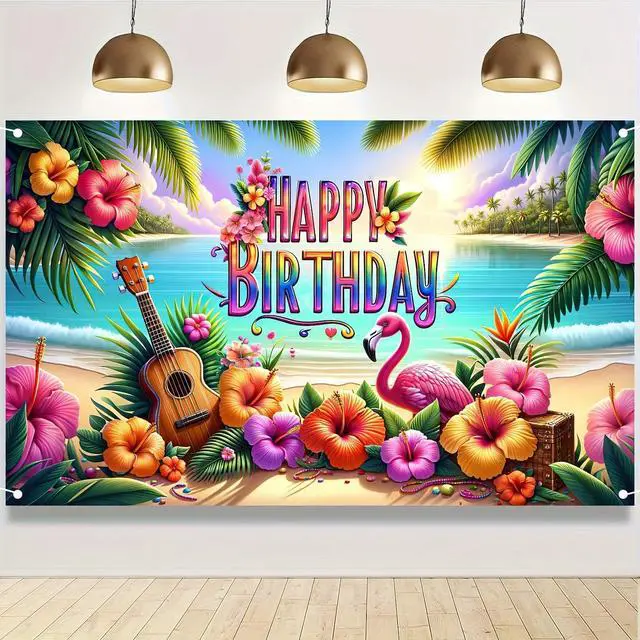 Alt view image 3 of 5 - Hawaiian Birthday Banner 71x43 Inch Luau Party Decorations | Hawaiian Party Decorations Tropical Backdrop Summer Backdrop for Pool Party Backyard Summer Beach Outdoor Photo Booth