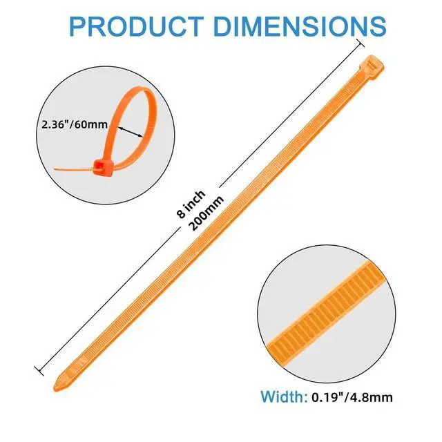 Alt view image 2 of 6 - 8 inch Orange Nylon Zip Ties 0.19 Width, 50lb Strength, 250pcs Cable Ties, UV Resistant, High/Low Temperature Resistant Durable, Ideal for Indoor and Outdoor Use
