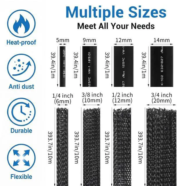 Alt view image 2 of 7 - 131 ft Expandable Braided Cable Sleeve Wire Loom PET Wiring Sleeving, Mesh Automotive Split Sheathing Wrap Management Heat Shrink for Television Audio Computer Cable (1/2 in, 1/4 in, 3/8 in, 3/4 in)