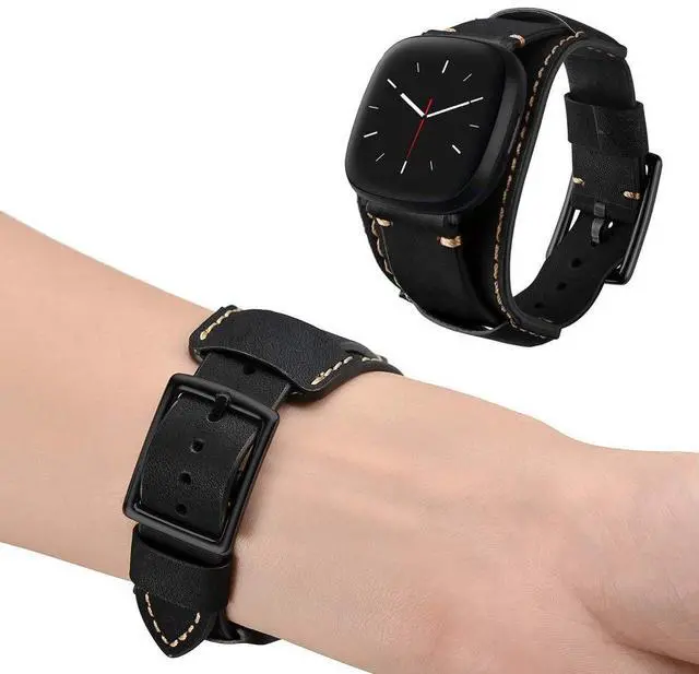 Alt view image 5 of 6 - Compatible with Fitbit Sense/Versa 3 Bands Genuine Leather Cuff Band Replacement Strap with Stainless Steel Clasp Compatible for Fitbit Versa 3 Sense Accessories Men Women