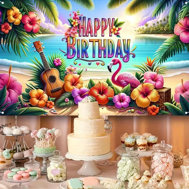 Alt view image 4 of 5 - Hawaiian Birthday Banner 71x43 Inch Luau Party Decorations | Hawaiian Party Decorations Tropical Backdrop Summer Backdrop for Pool Party Backyard Summer Beach Outdoor Photo Booth