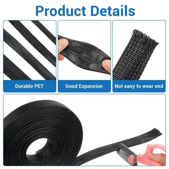 Alt view image 3 of 7 - 131 ft Expandable Braided Cable Sleeve Wire Loom PET Wiring Sleeving, Mesh Automotive Split Sheathing Wrap Management Heat Shrink for Television Audio Computer Cable (1/2 in, 1/4 in, 3/8 in, 3/4 in)