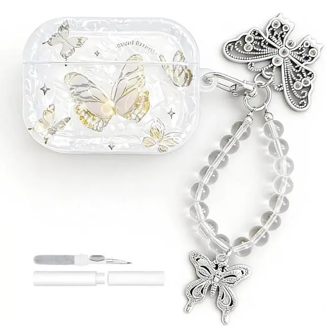 Main image of Compatible with AirPods Pro 3 Case with Keychain and Cleaner Kit, Cute Clear Butterfly Pattern Protective Cover for Women and Girls (White, for AirPods Pro 3)