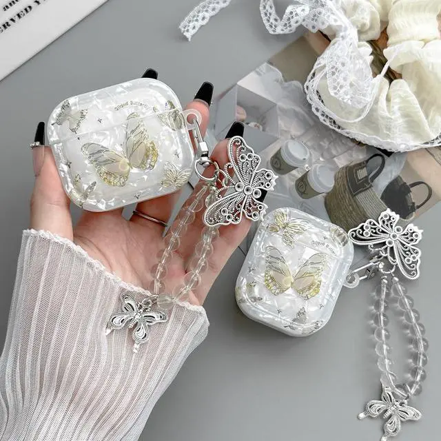 Alt view image 3 of 6 - Compatible with AirPods Pro 3 Case with Keychain and Cleaner Kit, Cute Clear Butterfly Pattern Protective Cover for Women and Girls (White, for AirPods Pro 3)