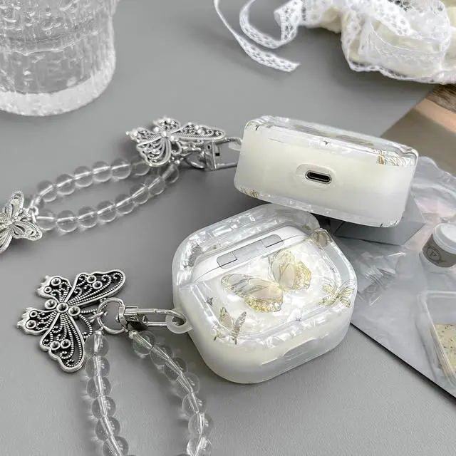 Alt view image 5 of 6 - Compatible with AirPods Pro 3 Case with Keychain and Cleaner Kit, Cute Clear Butterfly Pattern Protective Cover for Women and Girls (White, for AirPods Pro 3)
