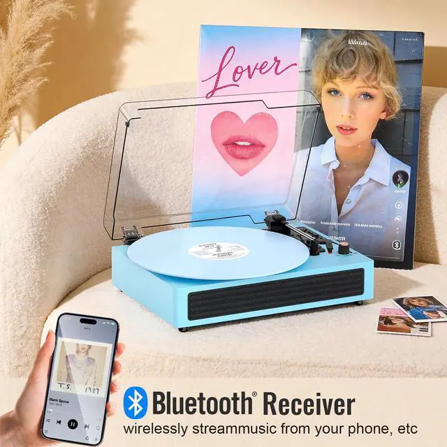 Alt view image 2 of 6 - Bluetooth Turntable Vinyl Record Player, 3-Speed Record Player with Built-in Speakers,USB Recording, AUX in Auto Stop, Belt-Drive LP Player Blue