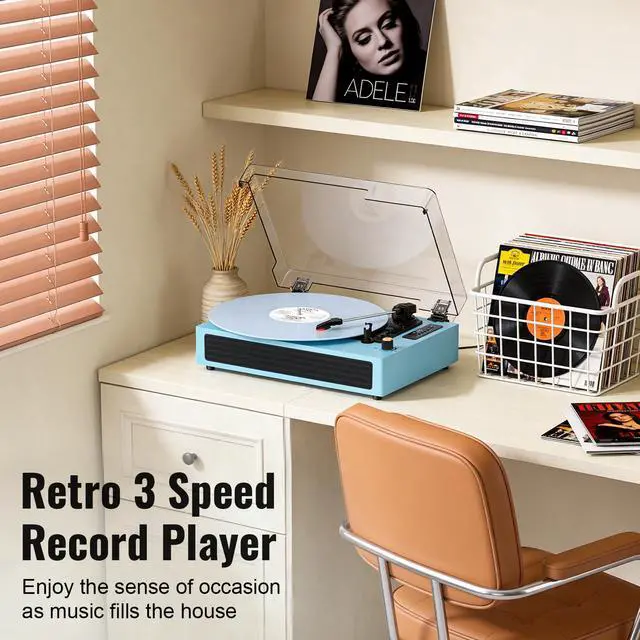 Alt view image 4 of 6 - Bluetooth Turntable Vinyl Record Player, 3-Speed Record Player with Built-in Speakers,USB Recording, AUX in Auto Stop, Belt-Drive LP Player Blue
