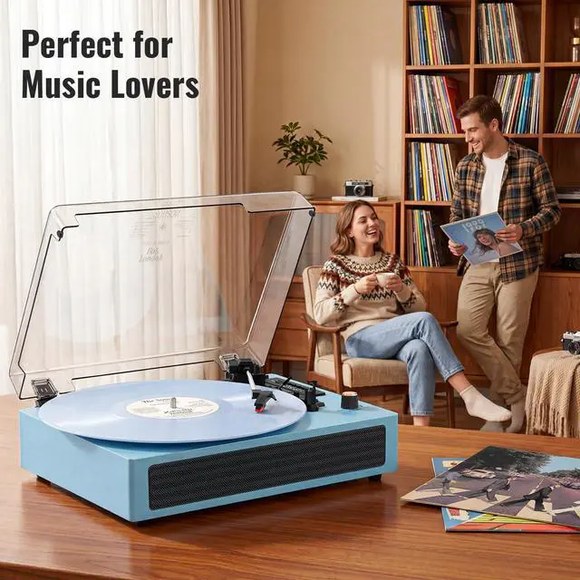 Alt view image 3 of 6 - Bluetooth Turntable Vinyl Record Player, 3-Speed Record Player with Built-in Speakers,USB Recording, AUX in Auto Stop, Belt-Drive LP Player Blue