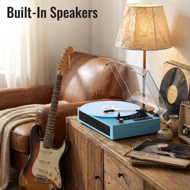 Alt view image 5 of 6 - Bluetooth Turntable Vinyl Record Player, 3-Speed Record Player with Built-in Speakers,USB Recording, AUX in Auto Stop, Belt-Drive LP Player Blue