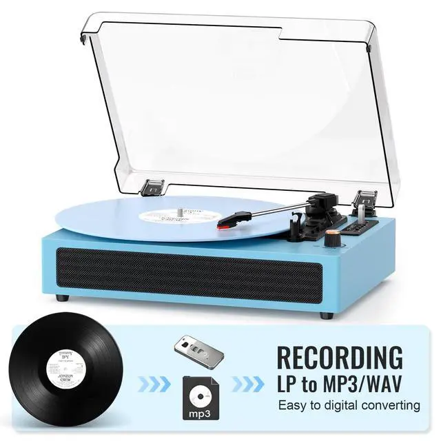 Alt view image 6 of 6 - Bluetooth Turntable Vinyl Record Player, 3-Speed Record Player with Built-in Speakers,USB Recording, AUX in Auto Stop, Belt-Drive LP Player Blue