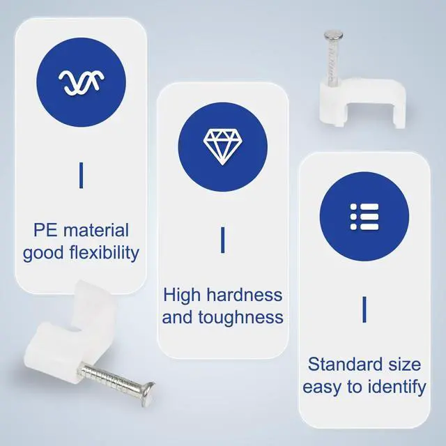 Alt view image 4 of 5 - 230Pcs Cable Clips with Nails, Square Shape Wire Tacks for Cable Management, 5mm 6mm 7mm 8mm 10mm Ethernet Coaxial TV Telephone Printer Cord Holder, White Cable Staples for Wall Wood Plaster