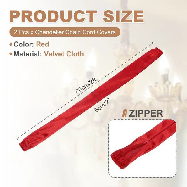 Alt view image 2 of 7 - 2ft Chandelier Chain Cord Cover, 2 Pcs Velvet Cloth Fabric Chain Sleeve Decorative Cord Covers for Chandelier Wires Swing Cable, Zipper Style, Red