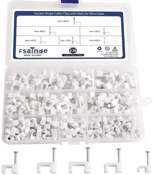 Main image of 230Pcs Cable Clips with Nails, Square Shape Wire Tacks for Cable Management, 5mm 6mm 7mm 8mm 10mm Ethernet Coaxial TV Telephone Printer Cord Holder, White Cable Staples for Wall Wood Plaster