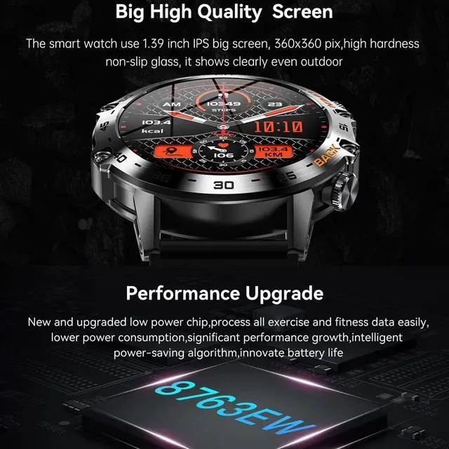 Alt view image 5 of 6 - K52 Smart Watch for Men, Outdoor Bluetooth Sports Watches, 1.39in HD Fitness Sleep Monitor for Android iOS, with Pedometer Sport Mode